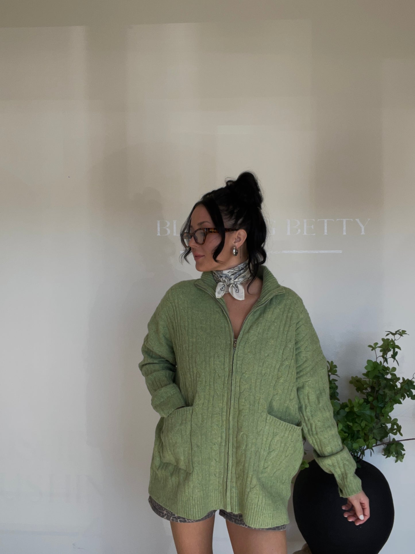 Zipper Front Cable Sweater Jacket