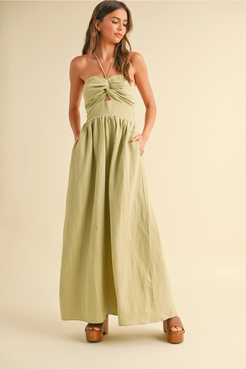Matcha Knotted Front Halter Dress