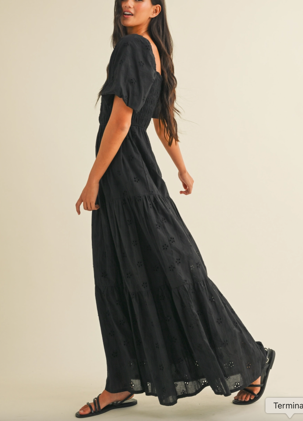 Eyelet Black Puff Sleeve Midi Dress