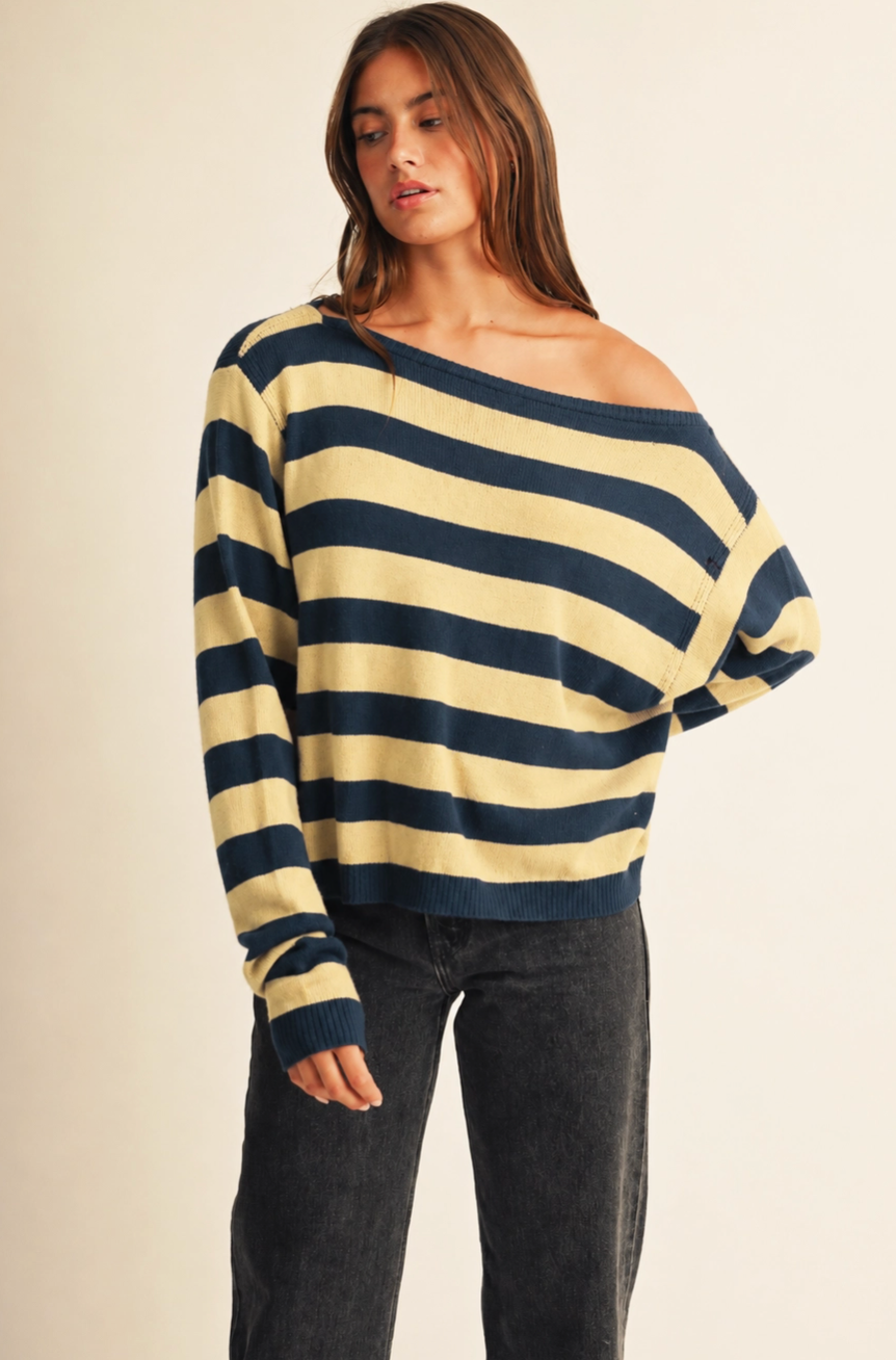 Boat Neck Yarn Dye Stripe Lightweight Sweater