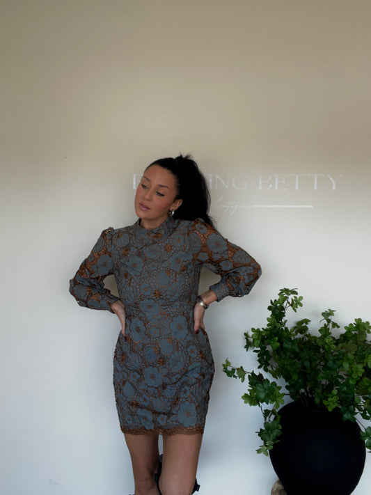 Dusty Blue Open Lace Mini Dress