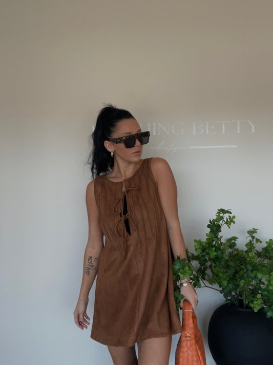 Camel Suede Pintucked Sleeveless Mini Dress