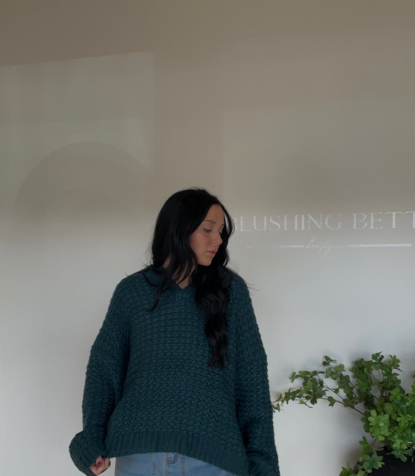 Hunter Green Boxy Collard Sweater