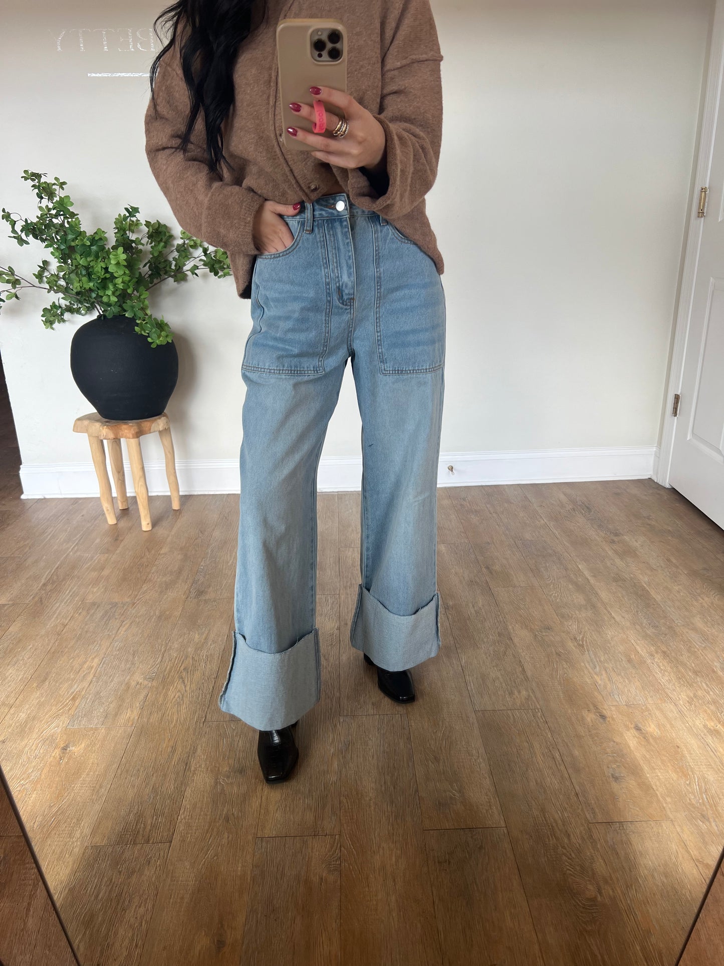High Waisted Wide Leg Cuffed Jeans