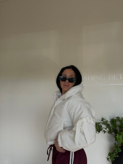 Winter White Bow Detail Crop Puffer Jacket