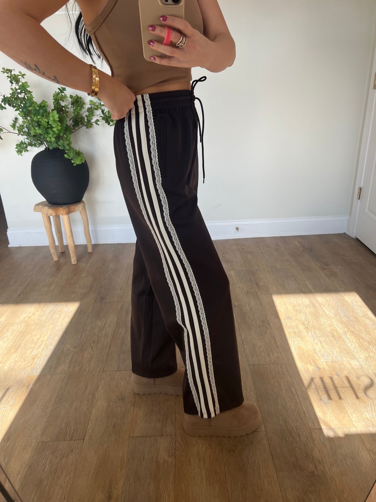 Mid Rise Lace Stripe Detail Wide Leg Track Pants