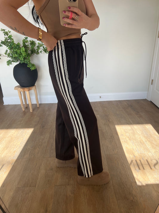 Mid Rise Lace Stripe Detail Wide Leg Track Pants