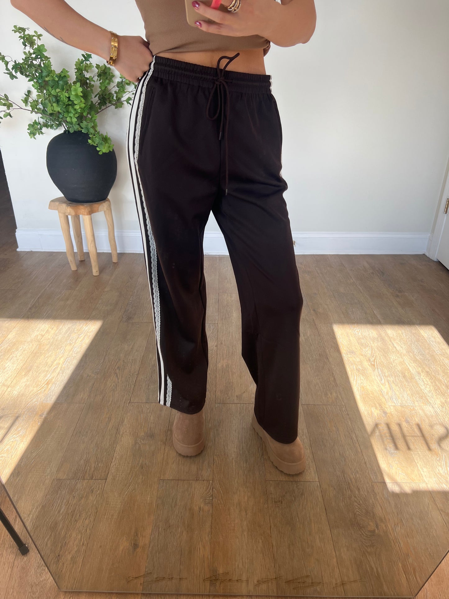 Mid Rise Lace Stripe Detail Wide Leg Track Pants