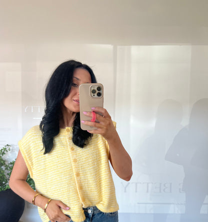 Yellow Pin-Striped Fuzzy Button-Front Knit Top