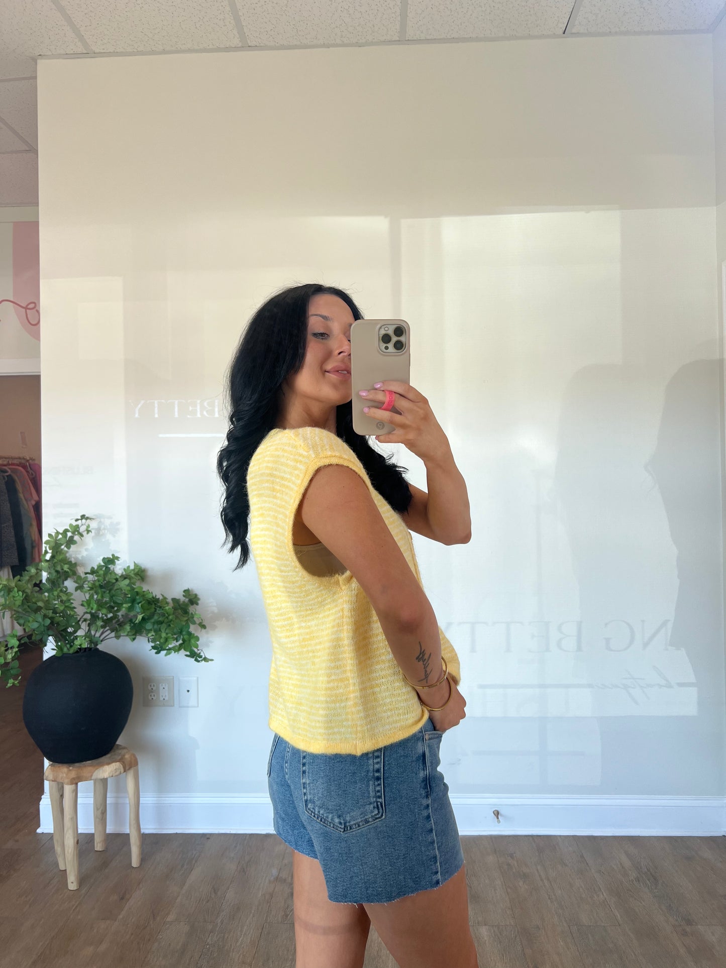 Yellow Pin-Striped Fuzzy Button-Front Knit Top