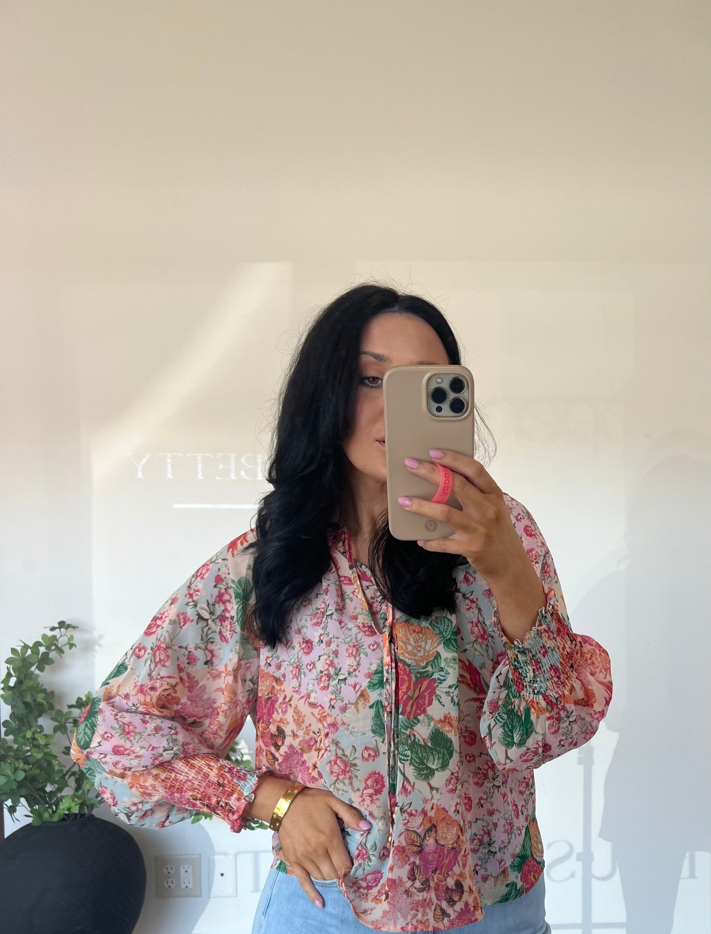 Flower Patch Smocked Sleeve Flowy Blouse