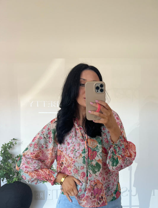 Flower Patch Smocked Sleeve Flowy Blouse