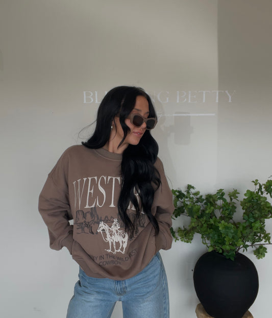 Western Cowboy Embroidered Mocha Sweatshirt