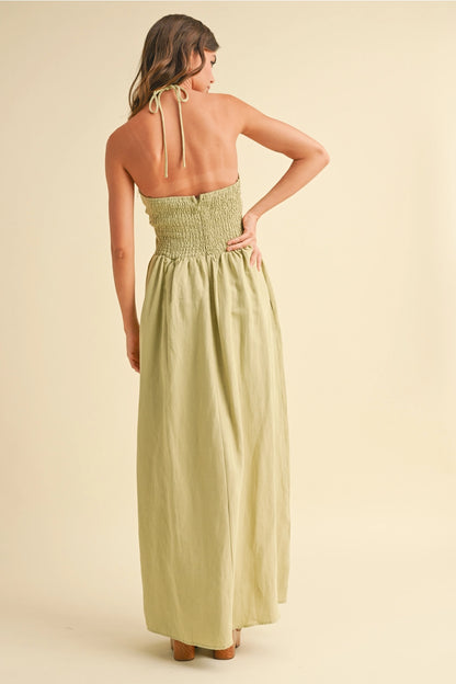 Matcha Knotted Front Halter Dress