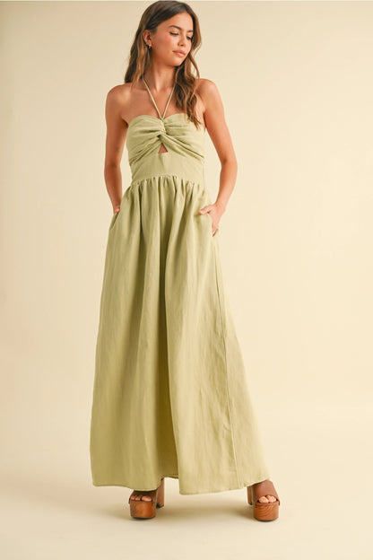 Matcha Knotted Front Halter Dress