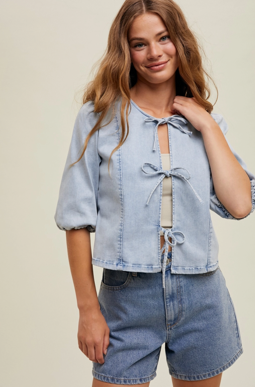 Denim tie front top