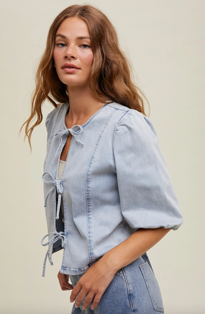 Denim tie front top