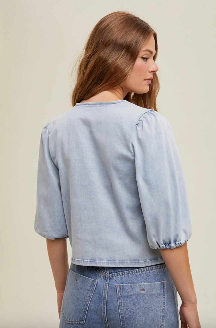 Denim tie front top