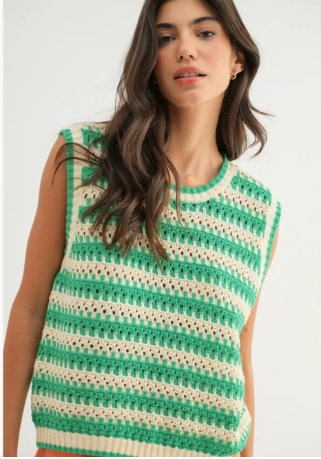 Striped Crochet Tank Top-Green