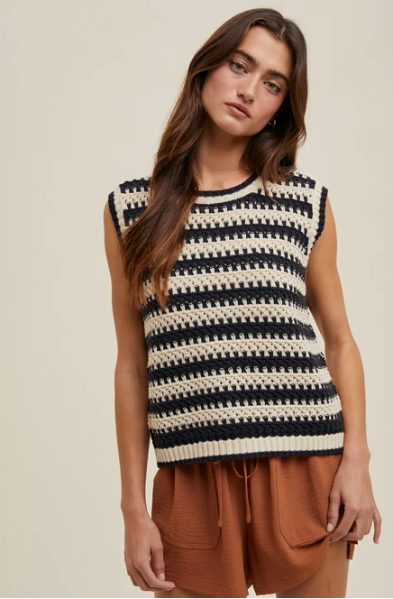Striped Crochet Tank Top-Black