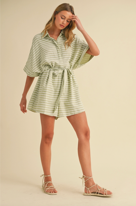 Striped Relaxed Fit Belted Short Sleeve Romper