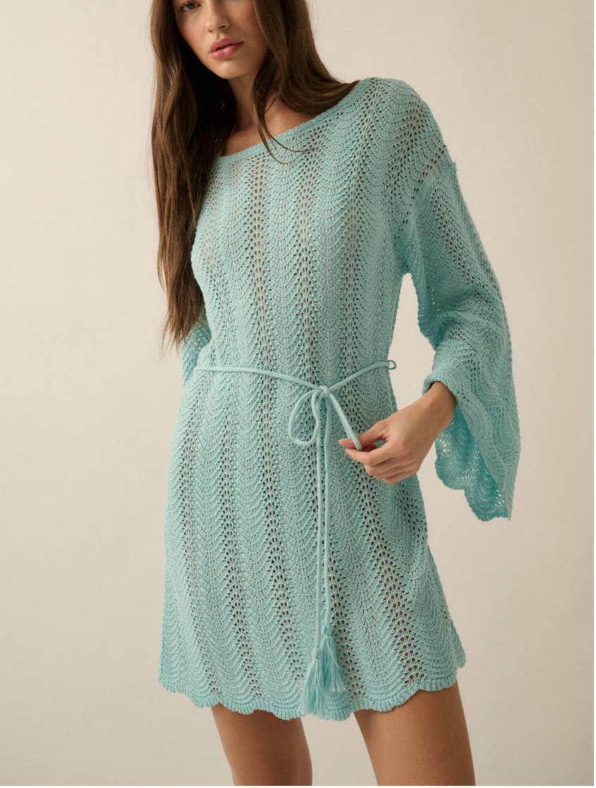 Crochet Knit Belted Swim Cover Up Dress