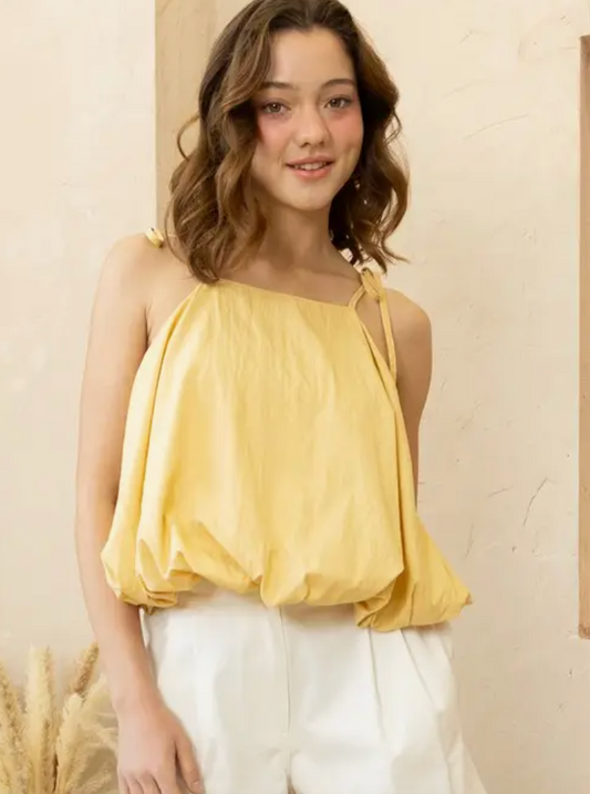 Tie Bubble Hem Top-Dusty Yellow