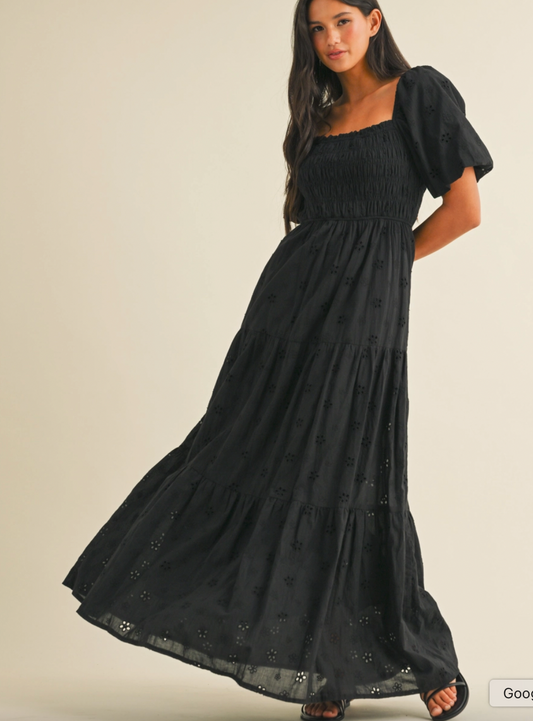 Eyelet Black Puff Sleeve Midi Dress