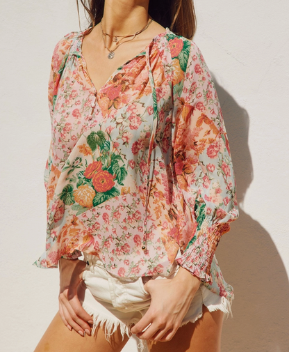 Flower Patch Smocked Sleeve Flowy Blouse