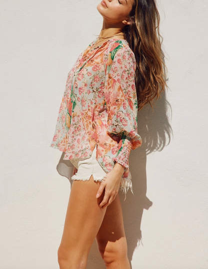 Flower Patch Smocked Sleeve Flowy Blouse