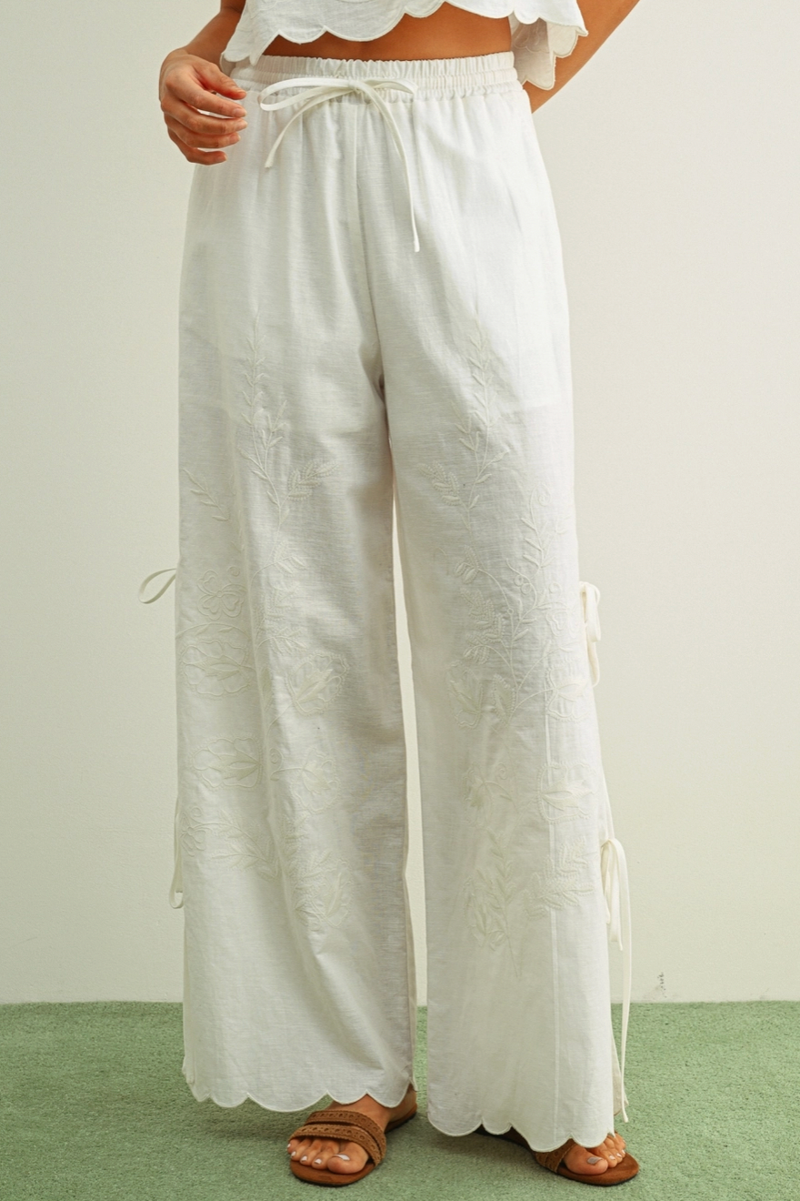 Embroidery Side Tie White Summer Pants