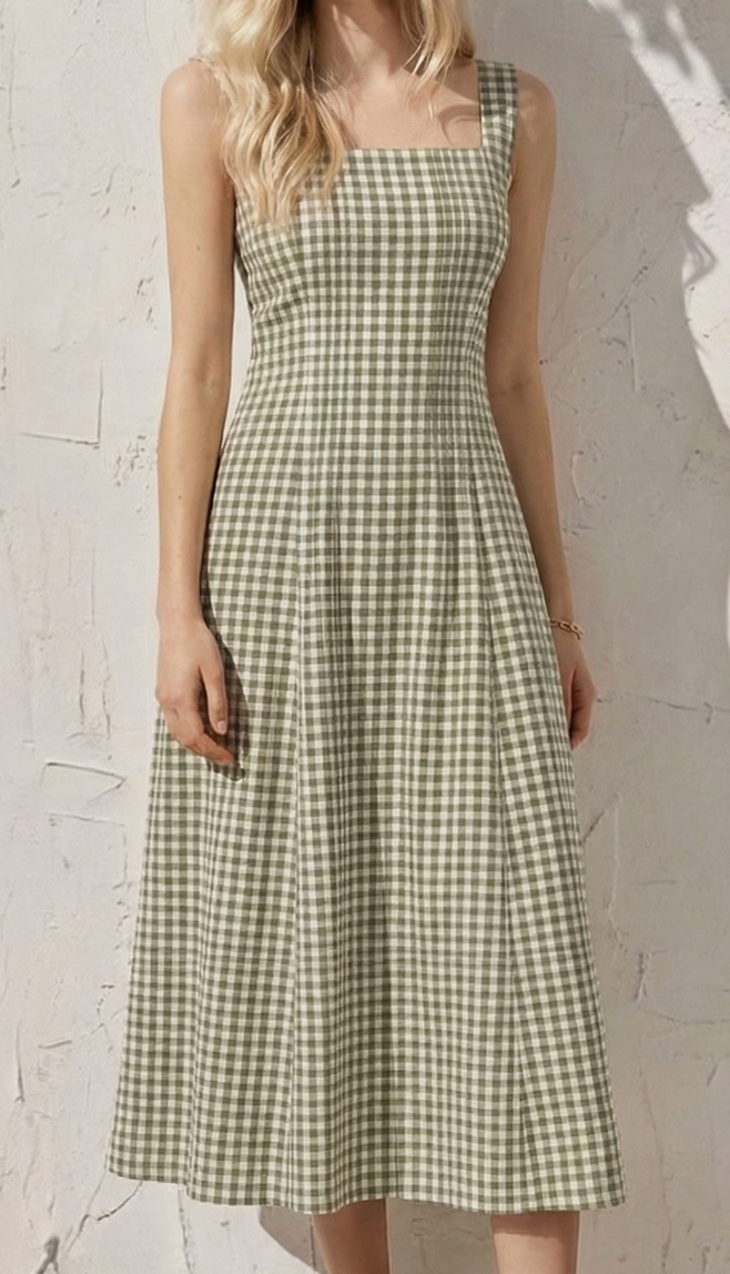 Square Neck Gingham Midi Dress