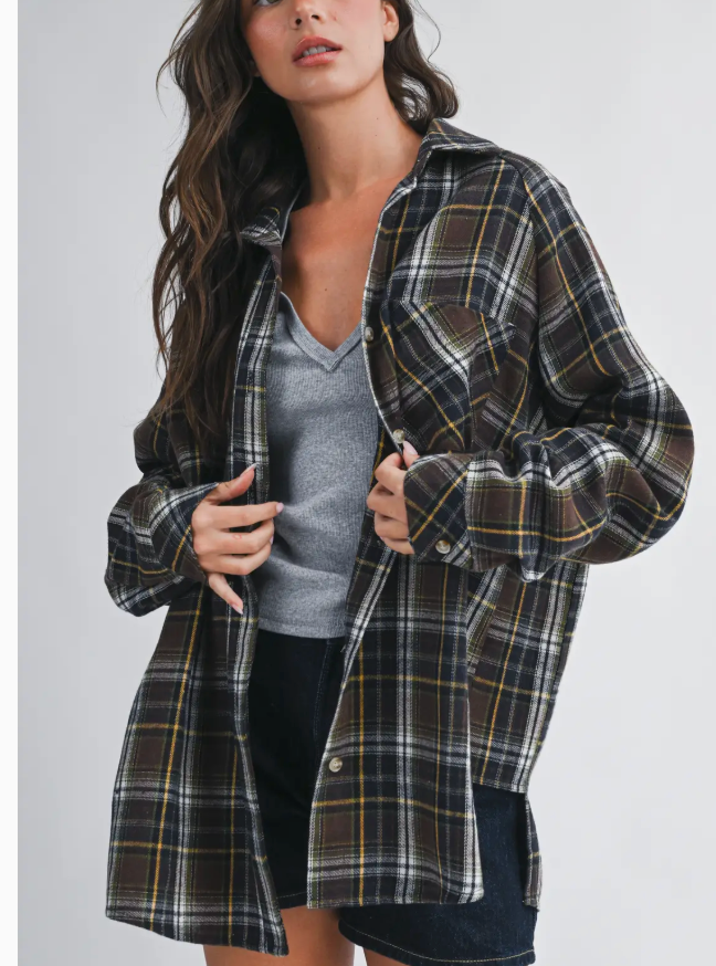 Brown Oversized Plaid Flannel Button Down Shirt