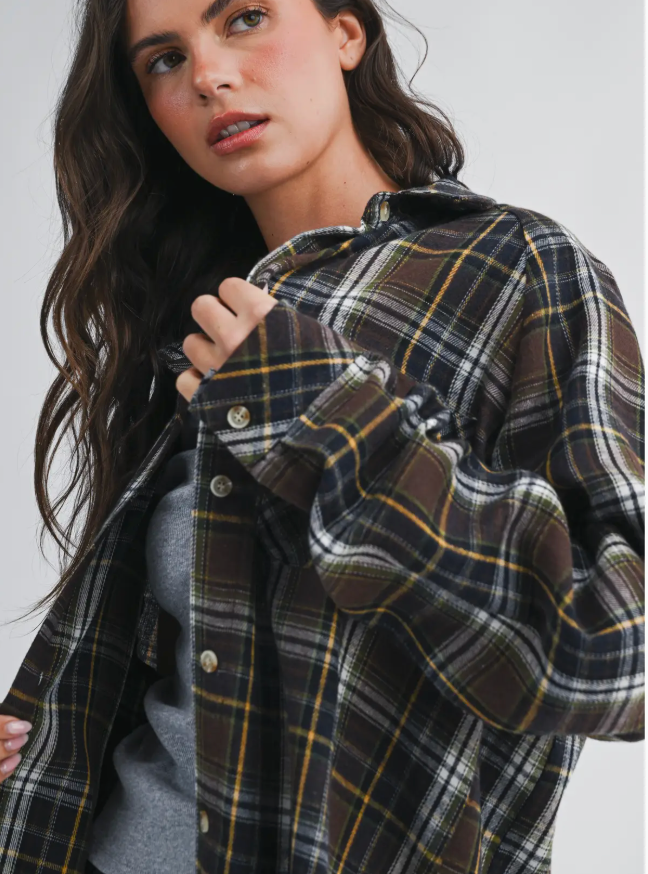 Brown Oversized Plaid Flannel Button Down Shirt