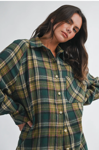 Green Oversized Plaid Flannel Button Down Shirt
