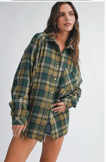 Green Oversized Plaid Flannel Button Down Shirt