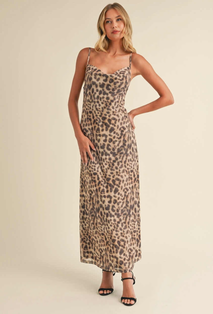 Leopard Printed Mesh Cowl Neckline Maxi Dress