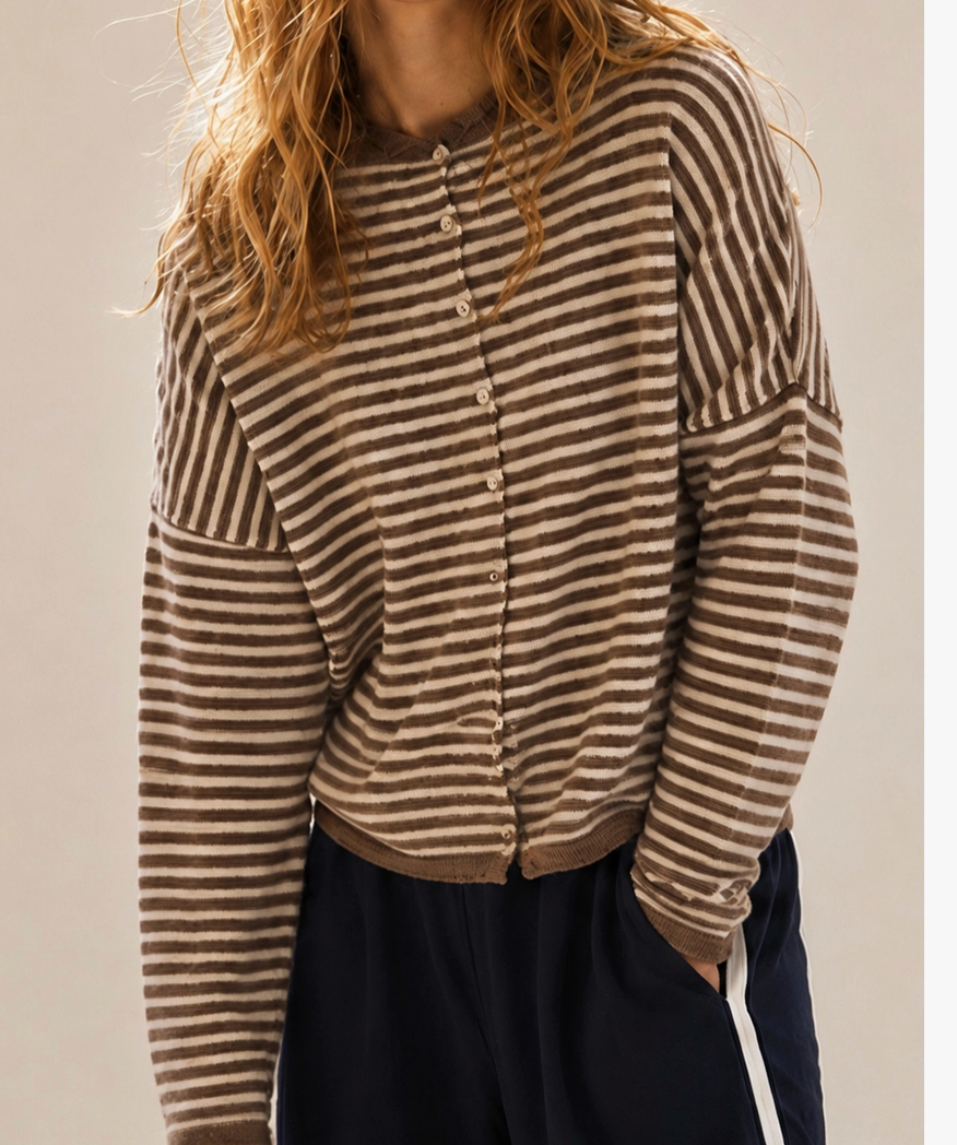 Soft Stripe Button-Front Knit Sweater Cardigan