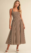 Striped Jumbo Back Buckle Piping Detail Midi Dress